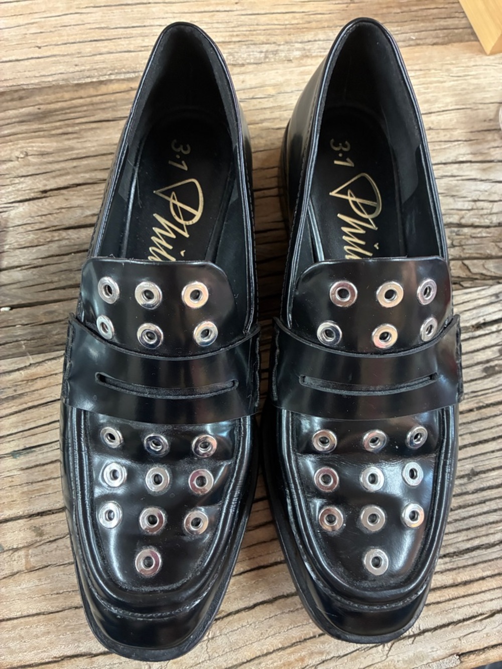 3.1 Phillip Lim Black Loafers with Silver Eyelet Detail